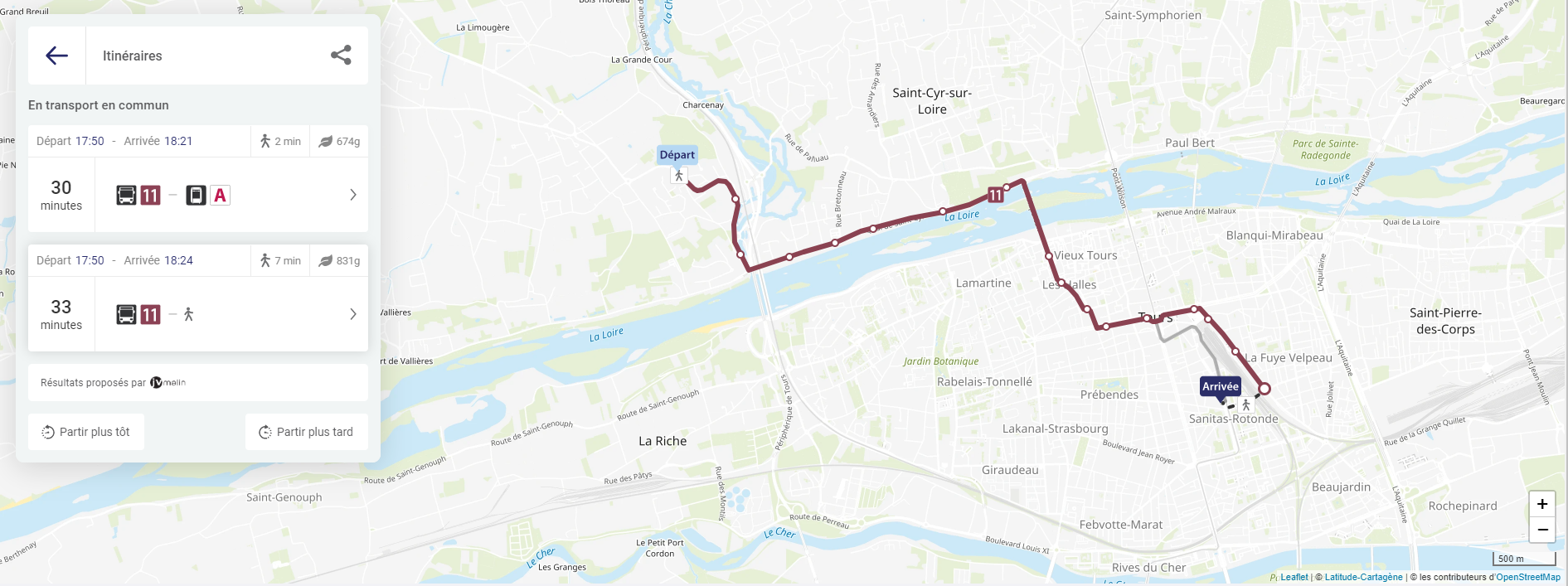 Réponses à la recherche d'itinéraire